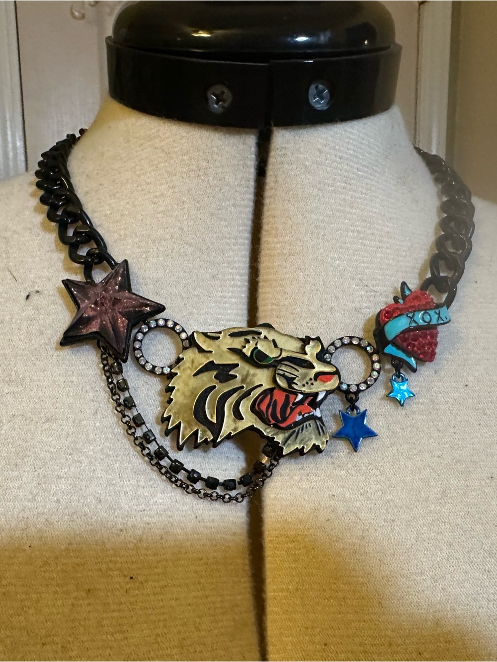 Betsey Johnson Black Chain Tiger Necklace with Red, Blue and Gold Accents